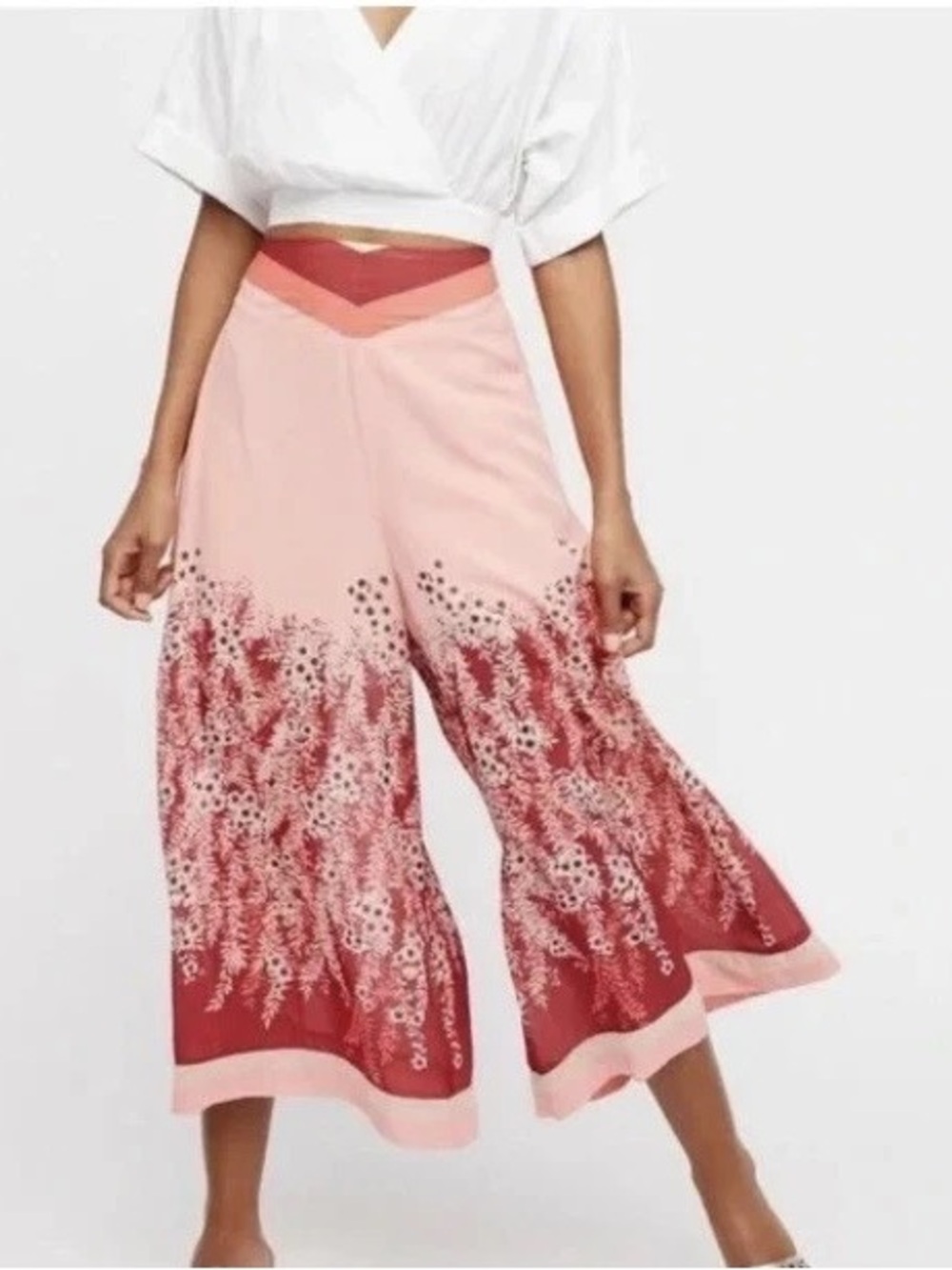 Free People Pink and Red Wide Leg Printed Jumpsuit Pants